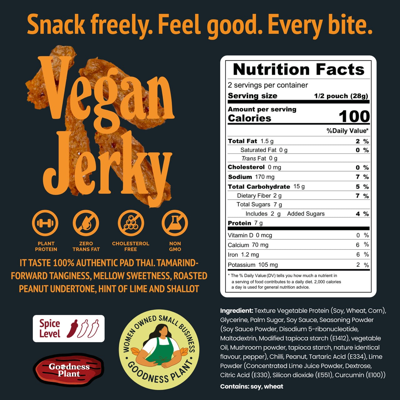 Nutrition facts for Bangkok Bites Jerky, Pad Thai